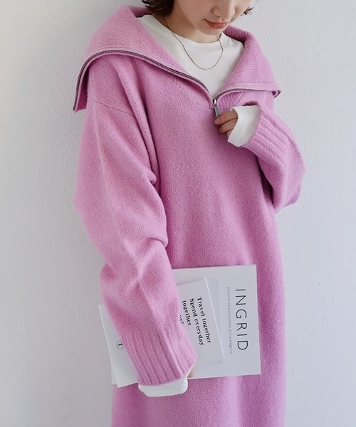 andme（アンドミー）の「セーラーカラー長袖ハーフジップニットワンピース（ワンピース・レディース・チャコールグレー/オフホワイト/イエロー/ライトピンク/グレイッシュベージュ/ライトグレー/ライム/ブラック/ブルー・M）」の9枚目の写真