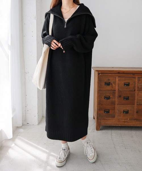 ひま⭐︎プロフ読んでから購入お願いします様　ワンピース　black サイズ1 セール】セーラーカラー長袖ハーフジップニットワンピース（ワンピース