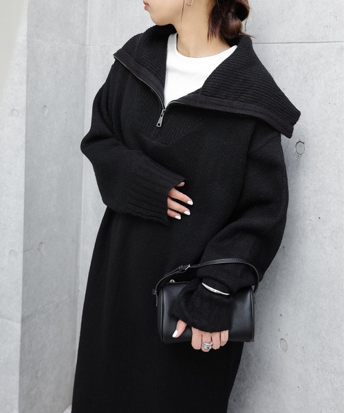 Plantation ウールAラインニットワンピ 黒Mゆったりシルエット Plantation ウールAラインニットワンピ 黒Mゆったりシルエット