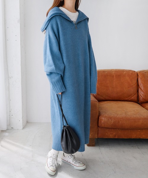 セール】セーラーカラー長袖ハーフジップニットワンピース（ワンピース