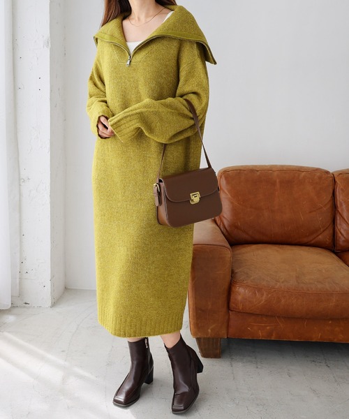 セール】セーラーカラー長袖ハーフジップニットワンピース（ワンピース