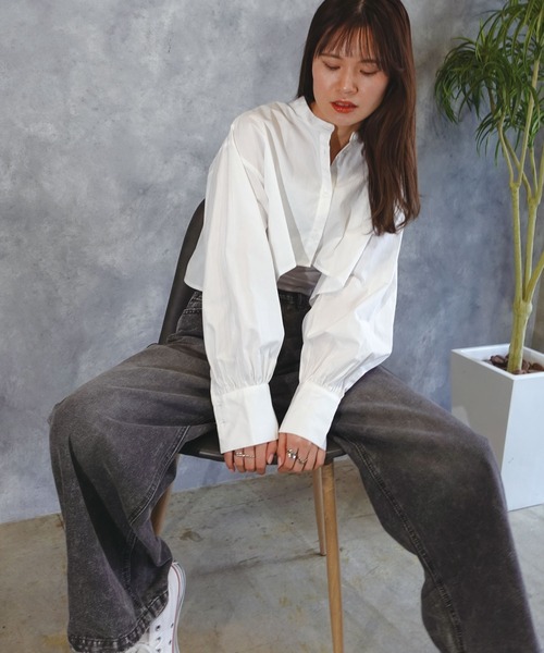 CORNERS（コーナーズ）の「クロップドフレアブラウス（シャツ/ブラウス・レディース・ホワイト/グレー/アイボリー/ブラック/ライトブルー・M）」の16枚目の写真