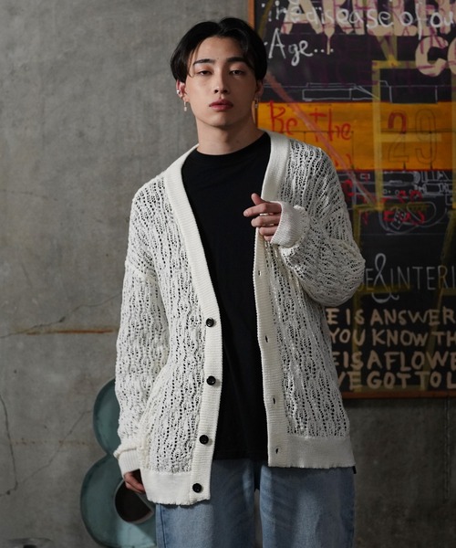 G.O.C(ジーオーシー)の「レース編み ルーズ ニット カーディガン(カーディガン/ボレロ・メンズ・ホワイト/パープル/ブラック/ワイン/チャコールグレー・MEDIUM/LARGE)」の6枚目の写真