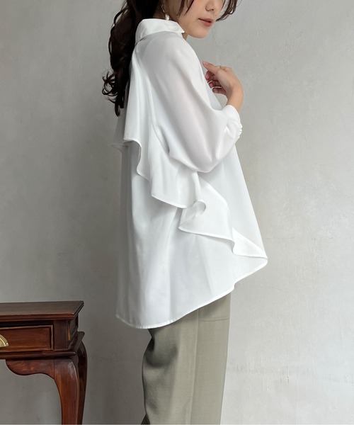 Chez toi（シェトワ）の「BACKフリルリネンタッチスキッパーシャツ（シャツ/ブラウス・レディース・ブラック/オフホワイト/オリーブ/オレンジ・FREE）」の5枚目の写真