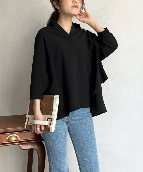 Chez toi（シェトワ）の「BACKフリルリネンタッチスキッパーシャツ（シャツ/ブラウス・レディース・ブラック/オフホワイト/オリーブ/オレンジ・FREE）」の18枚目の写真