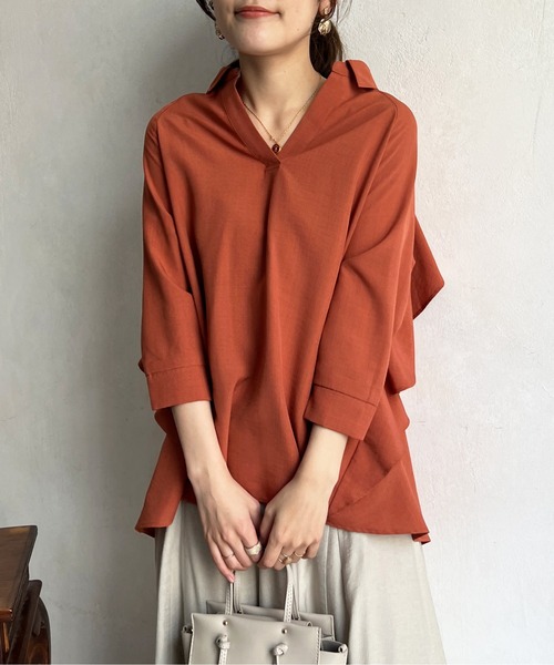 Chez toi（シェトワ）の「BACKフリルリネンタッチスキッパーシャツ（シャツ/ブラウス・レディース・ブラック/オフホワイト/オリーブ/オレンジ・FREE）」の6枚目の写真