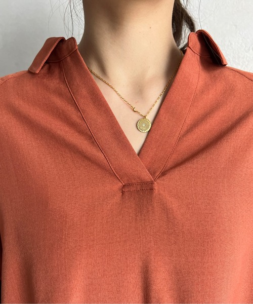 Chez toi（シェトワ）の「BACKフリルリネンタッチスキッパーシャツ（シャツ/ブラウス・レディース・ブラック/オフホワイト/オリーブ/オレンジ・FREE）」の13枚目の写真