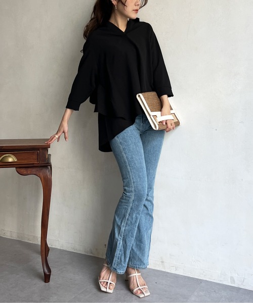 Chez toi（シェトワ）の「BACKフリルリネンタッチスキッパーシャツ（シャツ/ブラウス・レディース・ブラック/オフホワイト/オリーブ/オレンジ・FREE）」の12枚目の写真