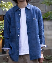 GLOSTER | 【GLOSTER/グロスター】フレンチブルドッグ刺繍 レギュラーカラー7分袖シャツ リネンシャツ(シャツ/ブラウス)