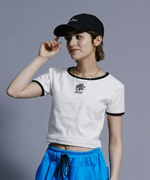 RVCA(ルーカ)の「RVCA/ルーカ ミニTシャツ/短丈/ワンポイント刺繍/リンガーTシャツ BD043-245(Tシャツ/カットソー・レディース・ホワイト/ライトパープル/ブラック・M/S)」の2枚目の写真