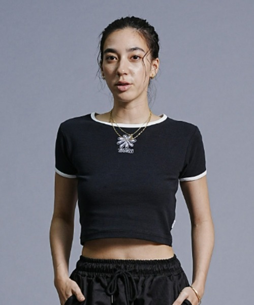 RVCA(ルーカ)の「RVCA/ルーカ ミニTシャツ/短丈/ワンポイント刺繍/リンガーTシャツ BD043-245(Tシャツ/カットソー・レディース・ホワイト/ライトパープル/ブラック・M/S)」の3枚目の写真