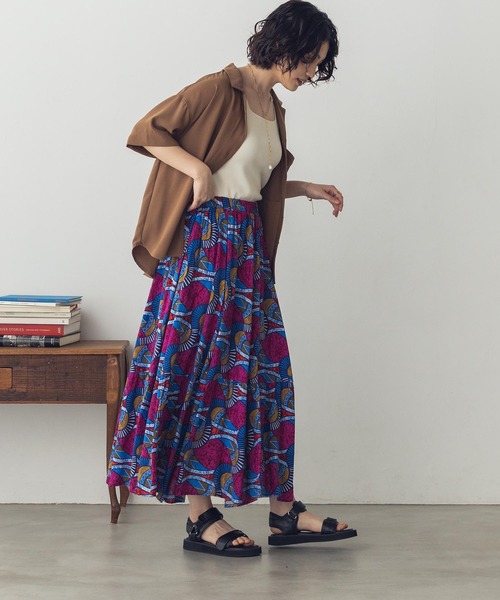 lil nina(リルニーナ)の「レーヨン アフリカン柄 ギャザーフレアスカート(スカート・レディース・ブラウン/グリーン/ピンク・FREE)」の12枚目の写真