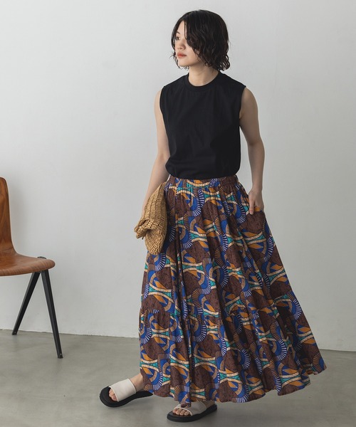 lil nina(リルニーナ)の「レーヨン アフリカン柄 ギャザーフレアスカート(スカート・レディース・ブラウン/グリーン/ピンク・FREE)」の6枚目の写真