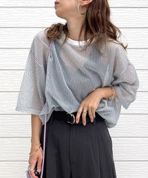 Q | ストライプチュールT(Tシャツ/カットソー)