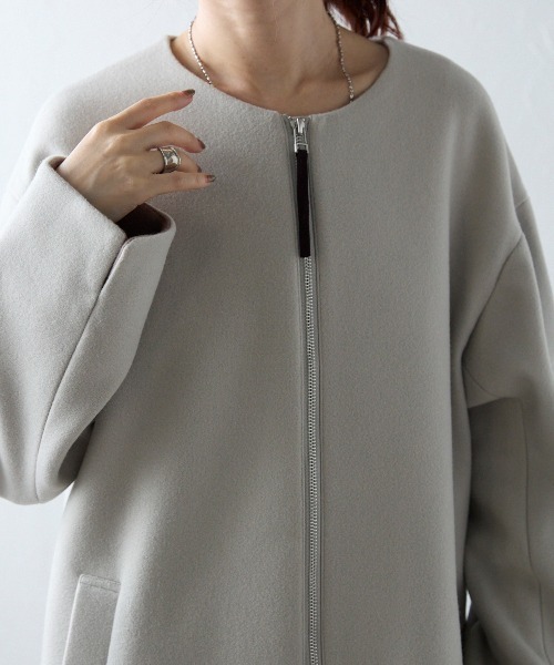 【セール】ウールライク配色フェルトコート（ノーカラーコート）｜＆HALF（アンドハーフ）