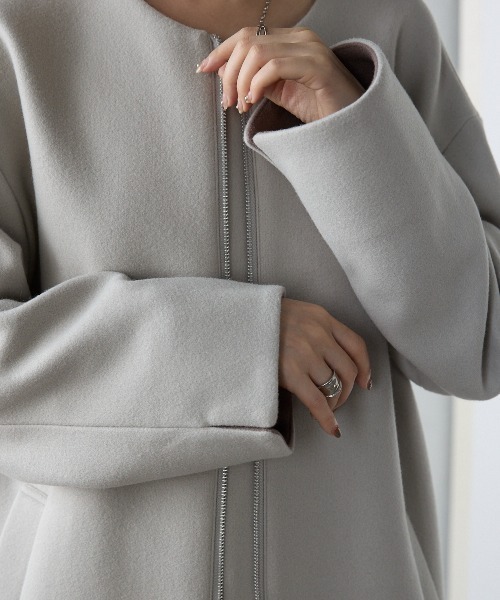 【セール】ウールライク配色フェルトコート（ノーカラーコート）｜＆HALF（アンドハーフ）