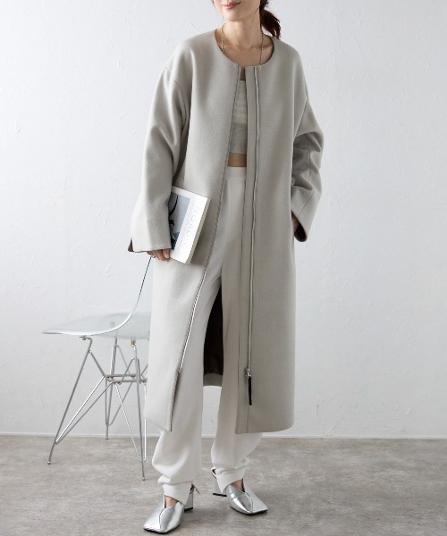 【セール】ウールライク配色フェルトコート（ノーカラーコート）｜＆HALF（アンドハーフ）