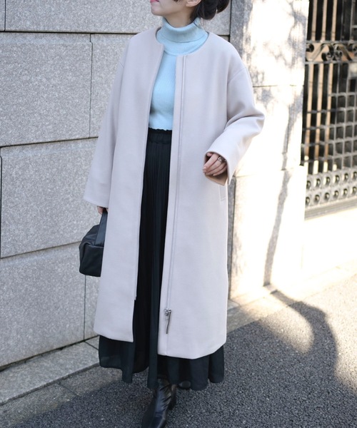 【セール】ウールライク配色フェルトコート（ノーカラーコート）｜＆HALF（アンドハーフ）