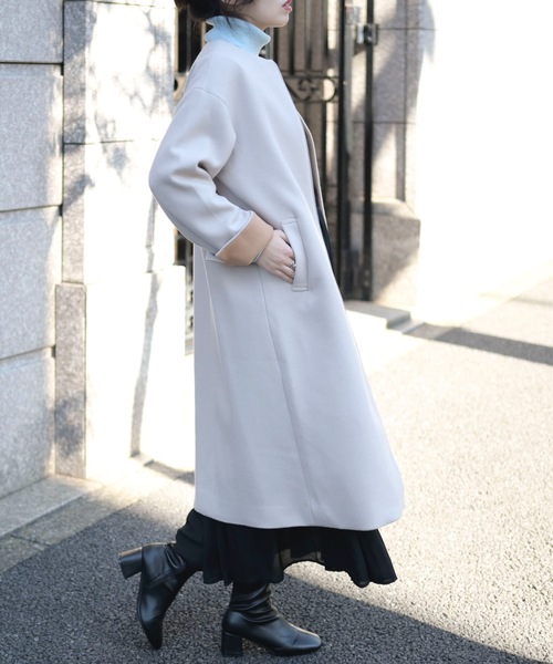 【セール】ウールライク配色フェルトコート（ノーカラーコート）｜＆HALF（アンドハーフ）