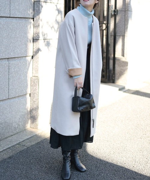 【セール】ウールライク配色フェルトコート（ノーカラーコート）｜＆HALF（アンドハーフ）