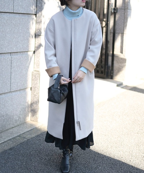 【セール】ウールライク配色フェルトコート（ノーカラーコート）｜＆HALF（アンドハーフ）