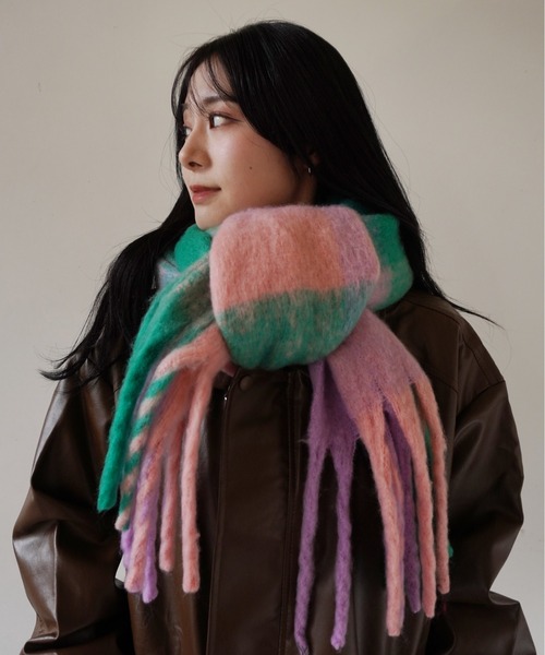 Jelly moo / ジェリームー 】 ブロックチェック カラフル太フリンジ