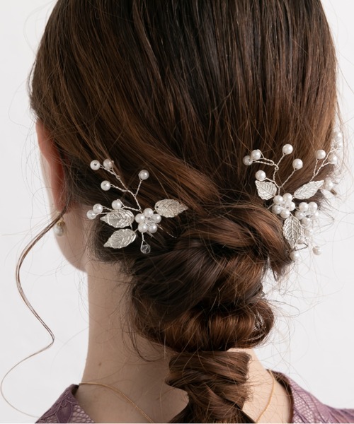 Cupid Heart(キューピッドハート)の「【Cupid Heart】結婚式アクセ!メタルリーフパールUピン2本セット(ヘアピン・レディース・シルバー・MEDIUM)」の3枚目の写真