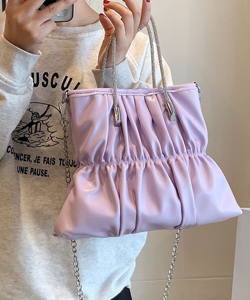 florist（フローリスト）の「【煌めくラインストーンハンドル】2WAY レザータッチギャザーハンドバッグ/ショルダーバッグ（ハンドバッグ・レディース・ピンク/ホワイト/シルバー/ラベンダー/ミント/ブラック・FREE）」の5枚目の写真