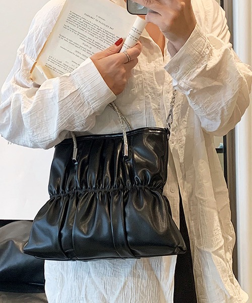 florist（フローリスト）の「【煌めくラインストーンハンドル】2WAY レザータッチギャザーハンドバッグ/ショルダーバッグ（ハンドバッグ・レディース・ピンク/ホワイト/シルバー/ラベンダー/ミント/ブラック・FREE）」の3枚目の写真