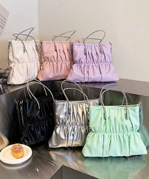 florist（フローリスト）の「【煌めくラインストーンハンドル】2WAY レザータッチギャザーハンドバッグ/ショルダーバッグ（ハンドバッグ・レディース・ピンク/ホワイト/シルバー/ラベンダー/ミント/ブラック・FREE）」の7枚目の写真