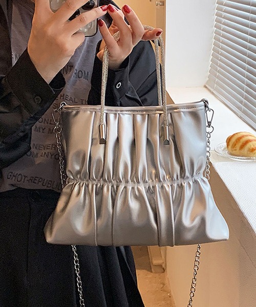 florist（フローリスト）の「【煌めくラインストーンハンドル】2WAY レザータッチギャザーハンドバッグ/ショルダーバッグ（ハンドバッグ・レディース・ピンク/ホワイト/シルバー/ラベンダー/ミント/ブラック・FREE）」の11枚目の写真