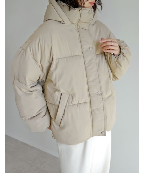 セール】[低身長サイズ有]フード付きスタンドカラーフェイクダウン中綿
