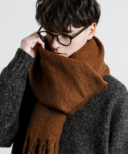 Rocky Monroe(ロッキーモンロー)の「ウールライク ボリュームフリンジマフラー 無地(マフラー・メンズ・オフホワイト/グレイッシュベージュ/ブラック/モカ/ホワイト/ダークグレー/オレンジ・FREE)」の1枚目の写真