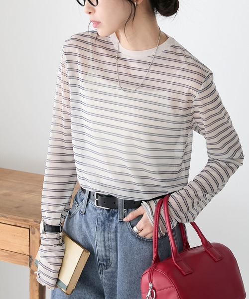 BONLECILL(ボンルシール)の「シアーマルチボーダープルオーバー/インナー(Tシャツ/カットソー・レディース・ベージュ/グリーン/チャコールグレー/ブルー/オフホワイト・FREE)」の2枚目の写真
