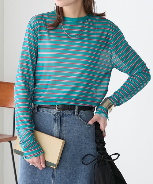 BONLECILL(ボンルシール)の「シアーマルチボーダープルオーバー/インナー(Tシャツ/カットソー・レディース・ベージュ/グリーン/チャコールグレー/ブルー/オフホワイト・FREE)」の4枚目の写真
