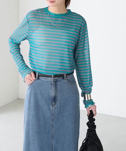 BONLECILL(ボンルシール)の「シアーマルチボーダープルオーバー/インナー(Tシャツ/カットソー・レディース・ベージュ/グリーン/チャコールグレー/ブルー/オフホワイト・FREE)」の6枚目の写真