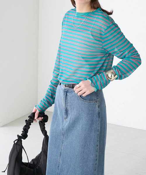 BONLECILL(ボンルシール)の「シアーマルチボーダープルオーバー/インナー(Tシャツ/カットソー・レディース・ベージュ/グリーン/チャコールグレー/ブルー/オフホワイト・FREE)」の7枚目の写真