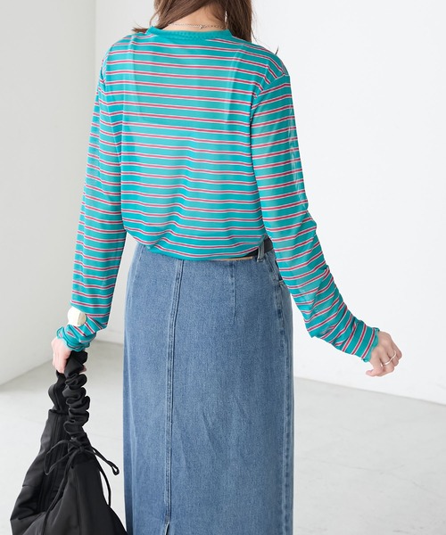 BONLECILL(ボンルシール)の「シアーマルチボーダープルオーバー/インナー(Tシャツ/カットソー・レディース・ベージュ/グリーン/チャコールグレー/ブルー/オフホワイト・FREE)」の8枚目の写真