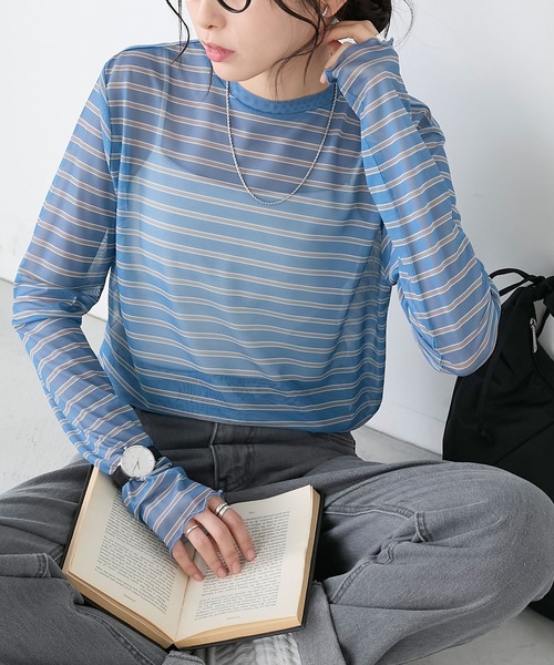 BONLECILL(ボンルシール)の「シアーマルチボーダープルオーバー/インナー(Tシャツ/カットソー・レディース・ベージュ/グリーン/チャコールグレー/ブルー/オフホワイト・FREE)」の12枚目の写真