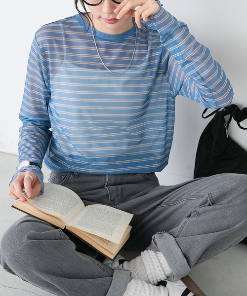 BONLECILL(ボンルシール)の「シアーマルチボーダープルオーバー/インナー(Tシャツ/カットソー・レディース・ベージュ/グリーン/チャコールグレー/ブルー/オフホワイト・FREE)」の18枚目の写真