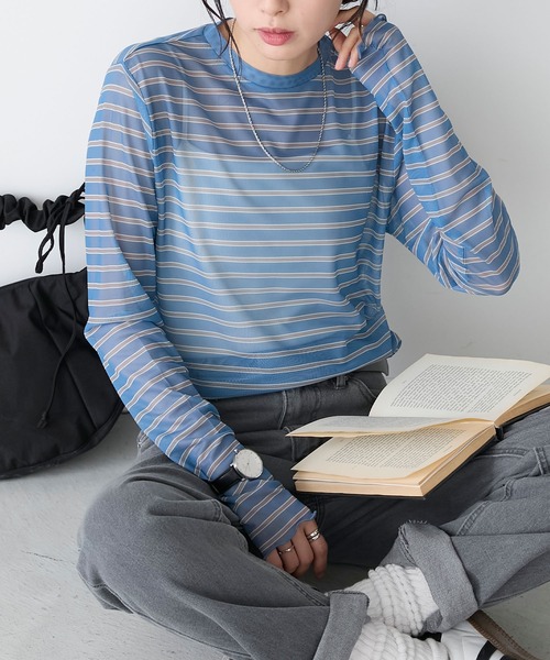 BONLECILL(ボンルシール)の「シアーマルチボーダープルオーバー/インナー(Tシャツ/カットソー・レディース・ベージュ/グリーン/チャコールグレー/ブルー/オフホワイト・FREE)」の20枚目の写真