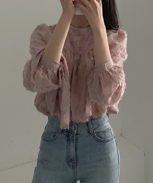 LAFFMO（ラフモ）の「リボン袖ジャガードブラウス（シャツ/ブラウス・レディース・ベージュ/ピンク・F）」の9枚目の写真