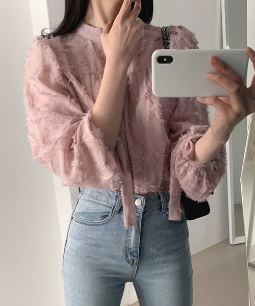 LAFFMO（ラフモ）の「リボン袖ジャガードブラウス（シャツ/ブラウス・レディース・ベージュ/ピンク・F）」の10枚目の写真