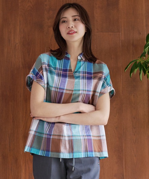 Arnold Palmer（アーノルドパーマー）の「マドラスチェック スキッパーブラウス（シャツ/ブラウス・レディース・ダークグリーン/ミント/イエロー・S/L/M）」の12枚目の写真