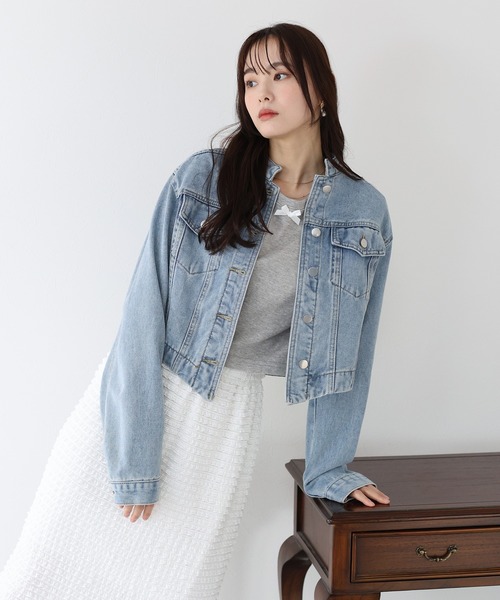 BLUEEAST(ブルーイースト)の「ノーカラーデニムジャケット(デニムジャケット・レディース・ネイビー/ブルー・MEDIUM)」の1枚目の写真