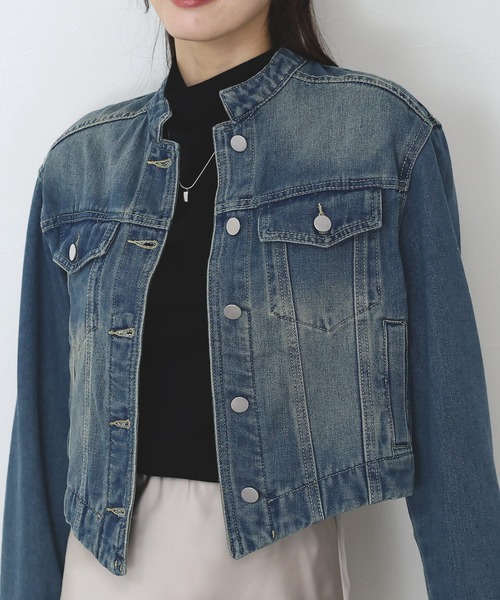 BLUEEAST(ブルーイースト)の「ノーカラーデニムジャケット(デニムジャケット・レディース・ネイビー/ブルー・MEDIUM)」の12枚目の写真