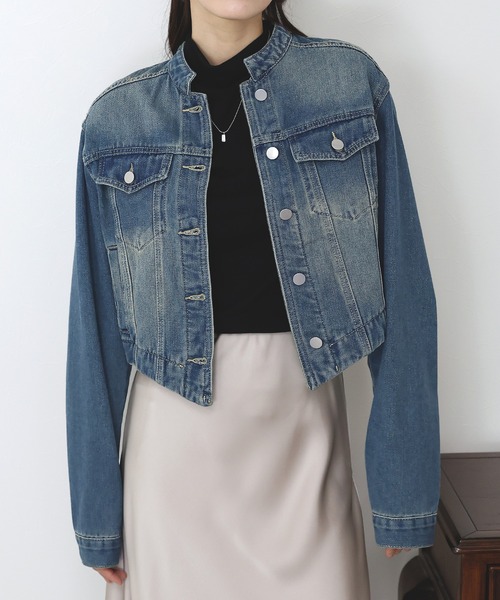 BLUEEAST(ブルーイースト)の「ノーカラーデニムジャケット(デニムジャケット・レディース・ネイビー/ブルー・MEDIUM)」の14枚目の写真