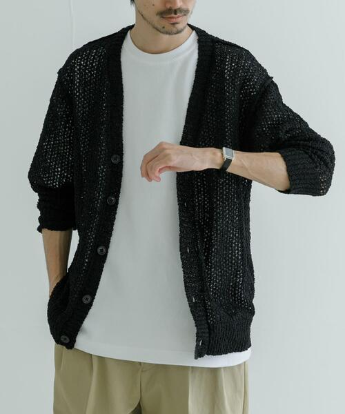 URBAN RESEARCH(アーバンリサーチ)の「透かし編みVカーディガン(カーディガン/ボレロ・メンズ・アイボリー/ブラック・MEDIUM/LARGE)」の1枚目の写真