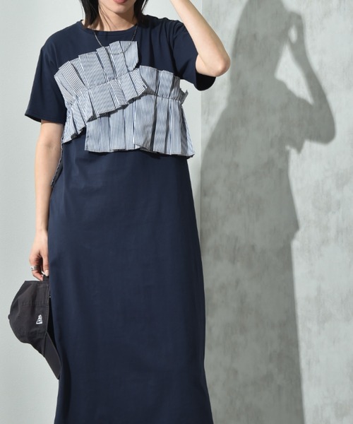 INTERPLANET（インタープラネット）の「異素材プリーツデザインカットワンピース（ワンピース・レディース・グレー/ブラック/ネイビー系・FREE）」の3枚目の写真