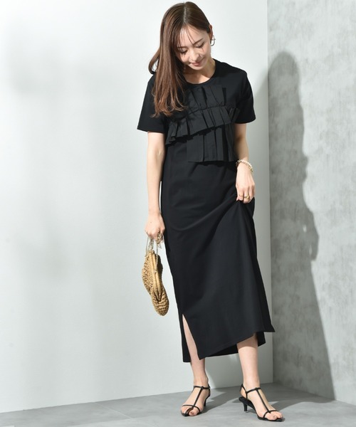 INTERPLANET（インタープラネット）の「異素材プリーツデザインカットワンピース（ワンピース・レディース・グレー/ブラック/ネイビー系・FREE）」の2枚目の写真